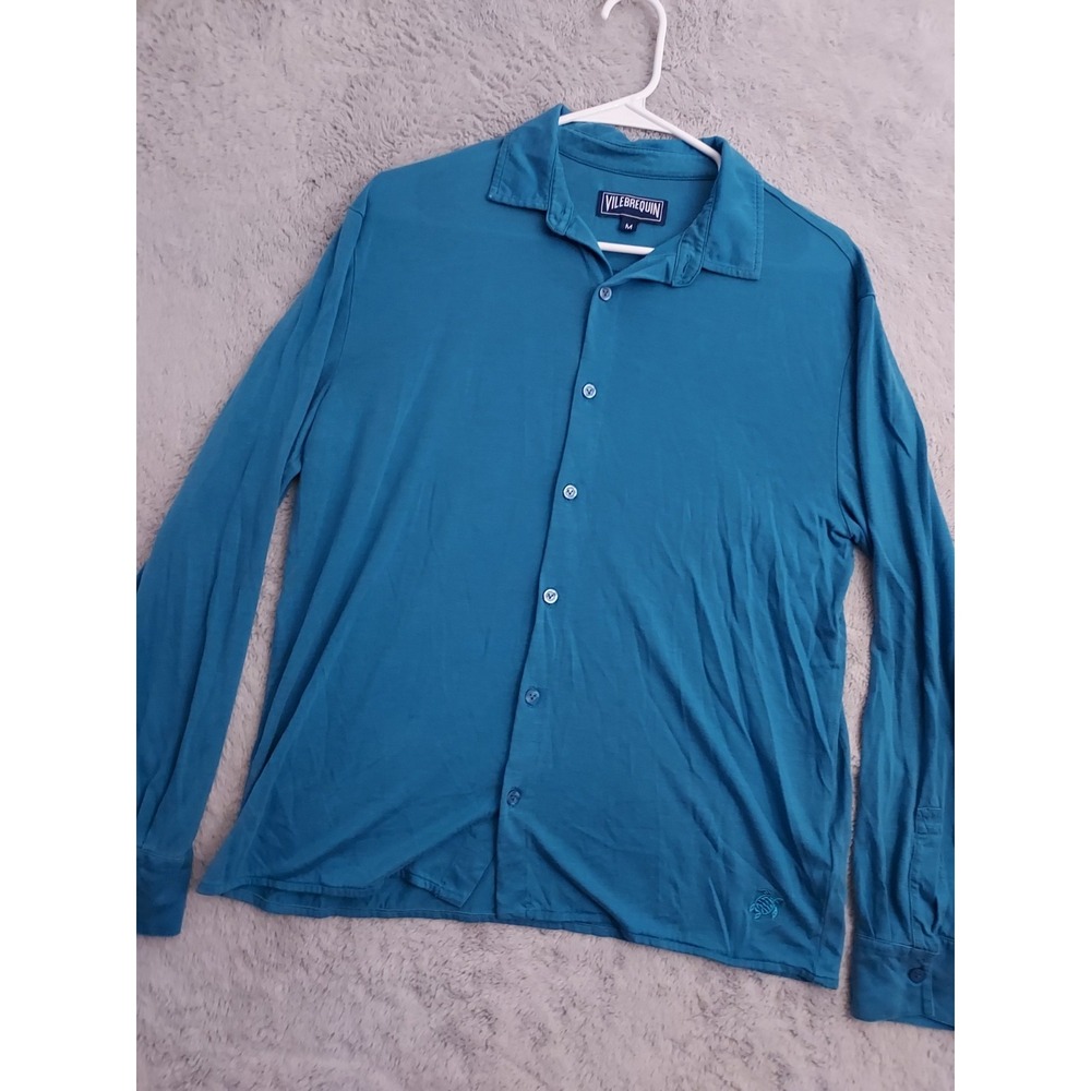 Vilebrequin Shirt Mens Medium Lyocell Beach Embroidered Casual Beach FADED Blue